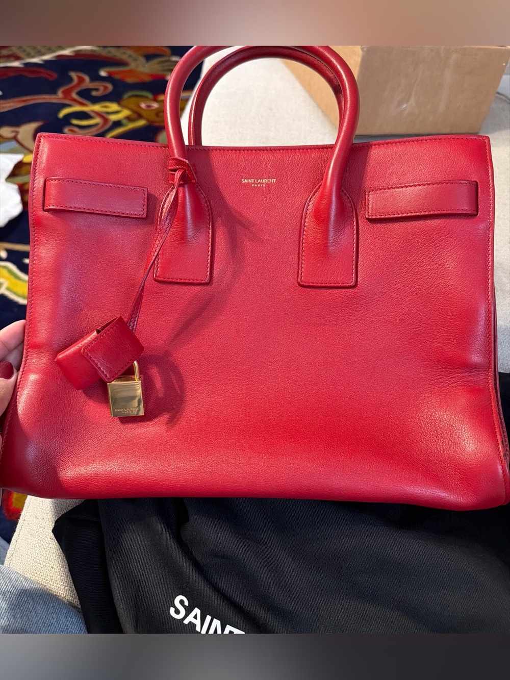 Saint Laurent Red Leather Tote with Gold-Tone Lock